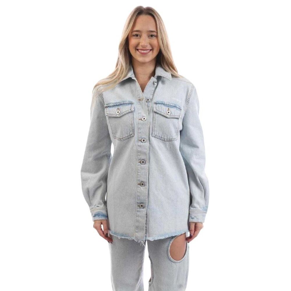 Off White Womens/Ladies Cotton Long-Sleeved Shirt / Blue/White